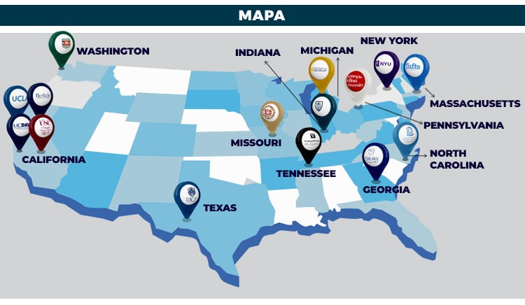 Mapa com localizações de universidades americanas