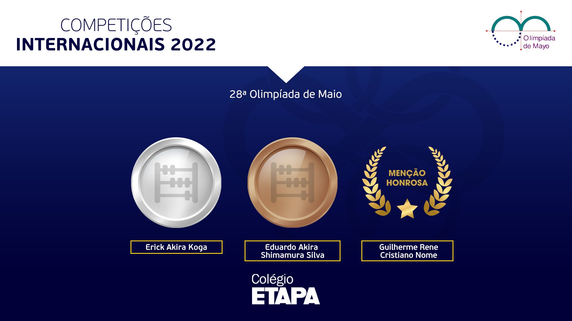 Três alunos do Colégio Etapa conquistaram condecorações na Olimpíada de Maio 2022, que contou com a participação de estudantes de 13 países.